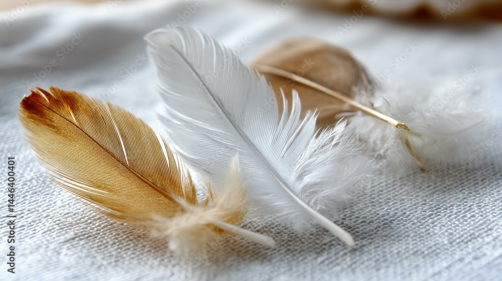 Soft, white and golden chicken feathers create a serene and gentle texture, perfect for capturing natures beauty.
