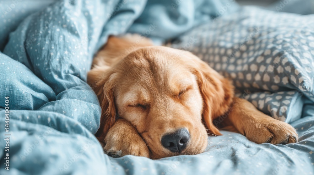 A cute puppy snoozes soundly on a cozy bed, nestled in soft blue bedding for an adorable touch to any room.