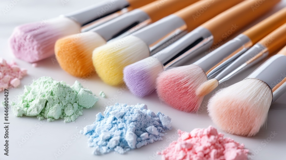 Bright and vibrant cosmetic powders paired with sleek makeup brushes create a stunning beauty product display for all your needs.