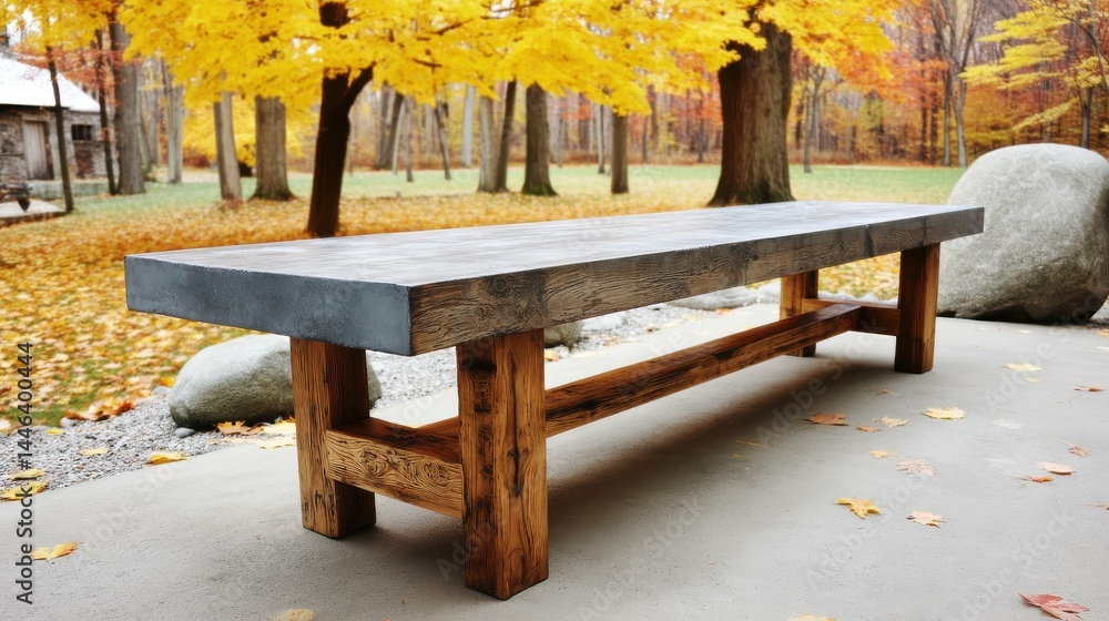 A serene autumn park features a concrete tabletop framed by golden leaves, perfect for showcasing products outdoors.