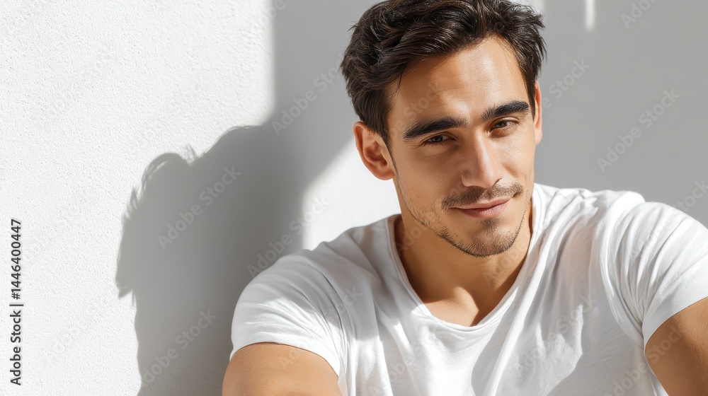 A confident man stands against a light backdrop, exuding calmness in a simple white tshirt and focused gaze.