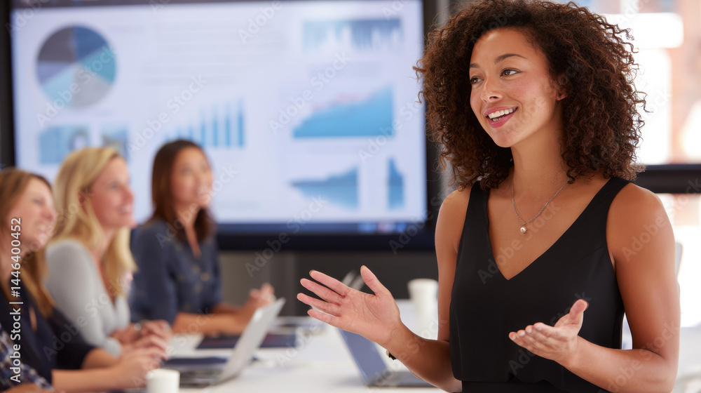 A confident Hispanic woman delivers a datadriven presentation, inspiring her engaged team in a sleek conference room.