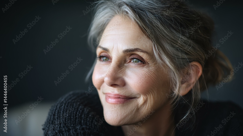 A poised woman with gray hair, radiating confidence in a sleek black sweater, smiles warmly against a dark backdrop.