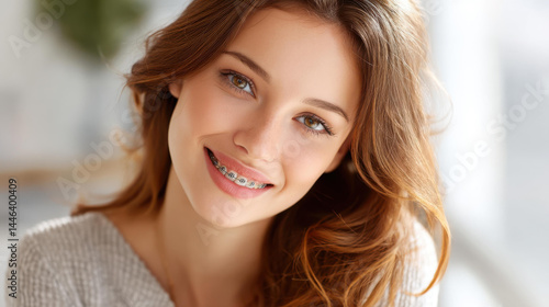 Young woman with metal braces beams confidently, showcasing her perfect smile and vibrant personality.