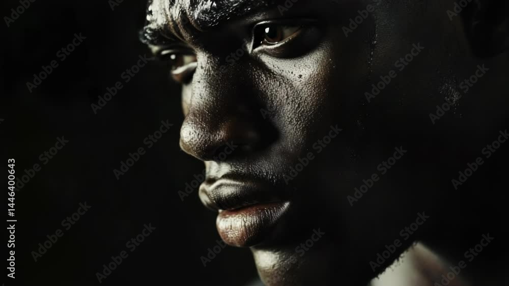 Close-up of a man's face lit by dim light, potentially mysterious or suspenseful scene Close-up of a man's face lit by dim light, potentially mysterious or suspenseful scene