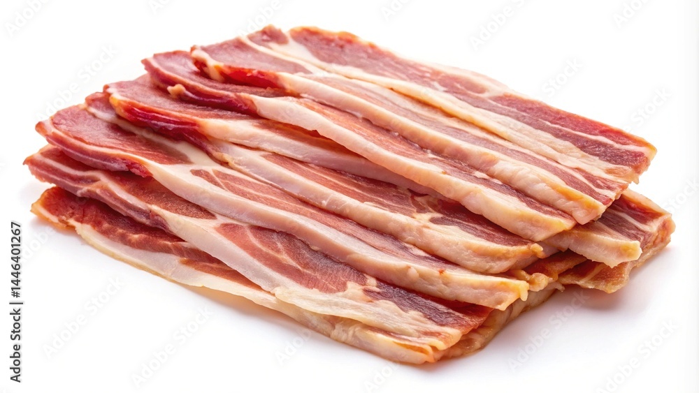 Stack of uncooked bacon strips isolated on a bright transparent background surface Stack of uncooked bacon strips isolated on a bright transparent background surface