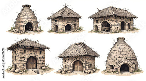 Hand-drawn vector illustration depicting traditional kilns in various stages of use, showcasing unique brickwork and structure