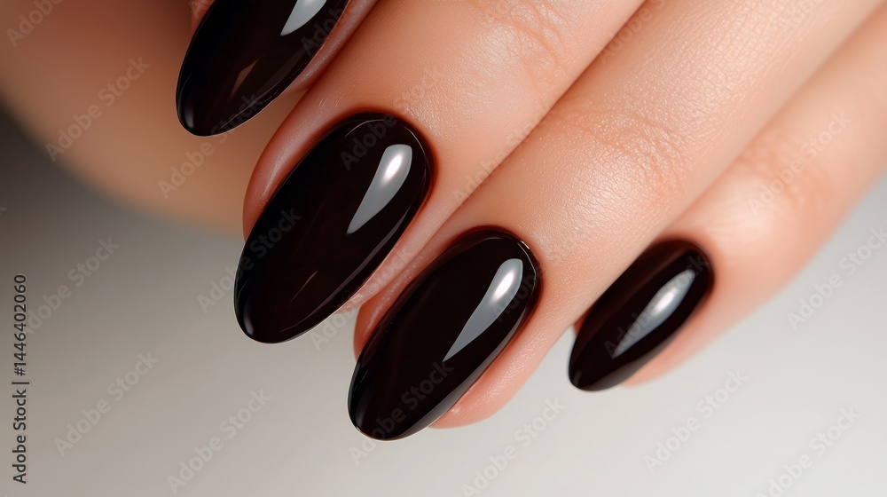 Manicure brown close-up hand glossy almond nails Manicure brown close-up hand glossy almond nails