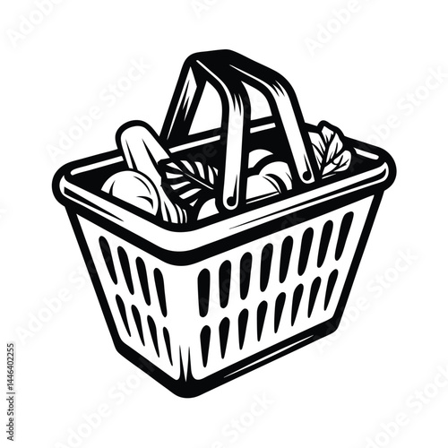 Black & White Basket Filled with Produce, Vegetables, Food items, monochrome