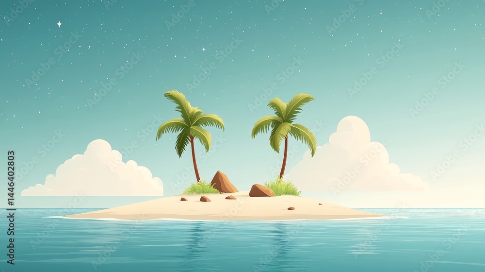 Obraz premium A starry sky hangs above a sandy island with two palm trees, as depicted in a pixel art tropical island night scene
