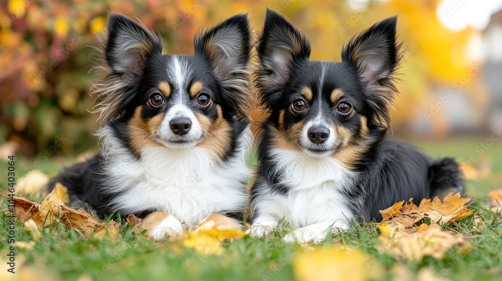 Two adorable dogs rest in grass with autumn leaves Two adorable dogs rest in grass with autumn leaves