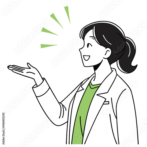 Smiling Asian Woman in Lab Coat Presenting, Outline Style on White