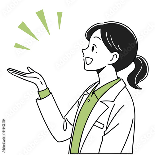 Asian Woman in Lab Coat Presenting, Smiling with Sparkles, Ponytail Hairstyle