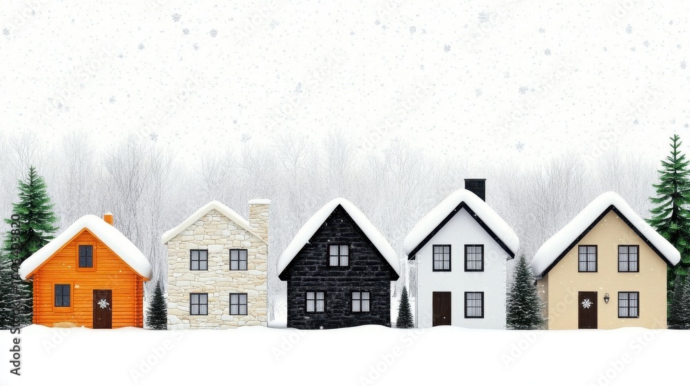 A picturesque winter scene featuring colorful houses amidst falling snow A picturesque winter scene featuring colorful houses amidst falling snow