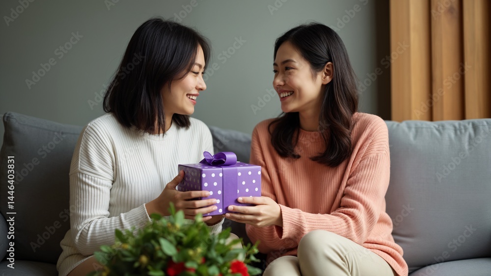 A woman sitting on a couch holding a purple gift box. A woman sitting on a couch holding a purple gift box.