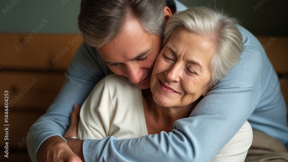 A man and an elderly woman hugging each other. A man and an elderly woman hugging each other.