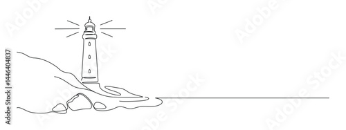 Lighthouse tower in one continuous line drawing. Light house with beams of light shining in all directions in simple linear style. Sea coast in Editable stroke. Minimalistic vector illustration