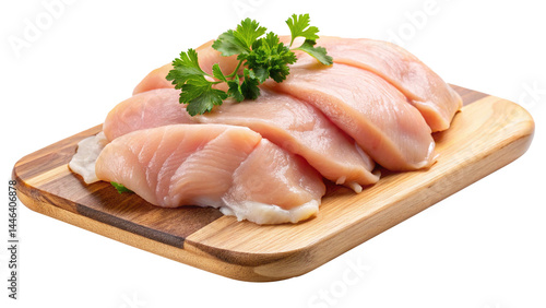 Fresh chicken breast fillets displayed on a wooden cutting board with parsley