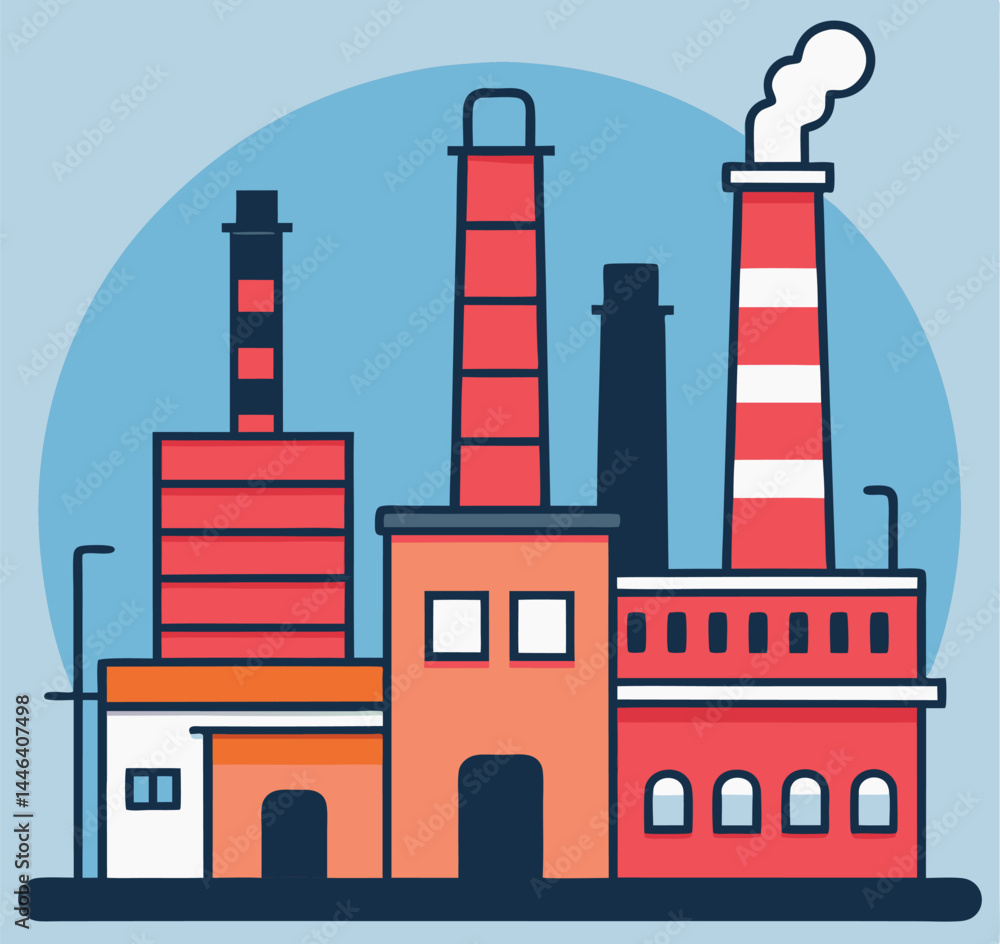 Cartoon industrial building with chimneys spewing smoke showcases bold lines and colorful flat style against blue backdrop Cartoon industrial building with chimneys spewing smoke showcases bold lines and colorful flat style against blue backdrop