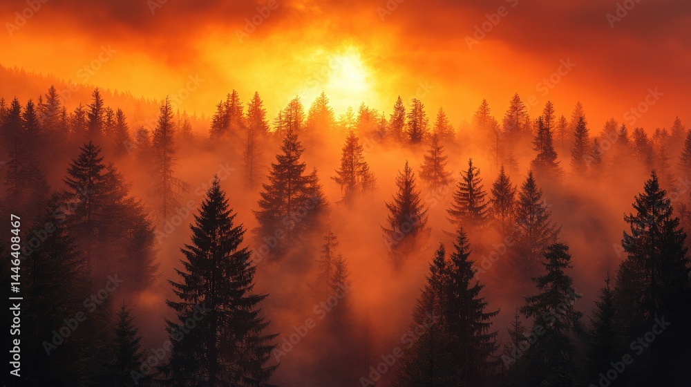 Misty Coniferous Forest at Twilight: Ethereal Landscape with Glowing Sky Misty Coniferous Forest at Twilight: Ethereal Landscape with Glowing Sky
