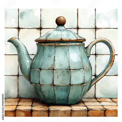 Vintage Ceramic Teapot On A Kitchen Counter, watercolor vector, isolated on a white background.