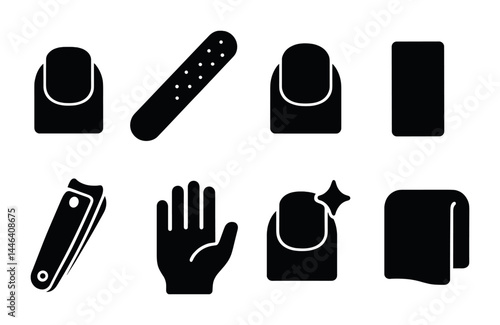 Manicure essentials solid icon set - filled style nail care, beauty tools, and hygiene symbols for salon and home use: nail polish, nail file, buffer, clippers, hand, towel.
