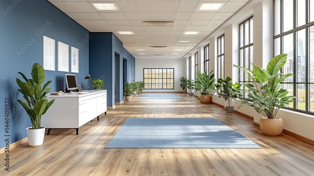 Fototapeta premium Bright office hallway with blue walls