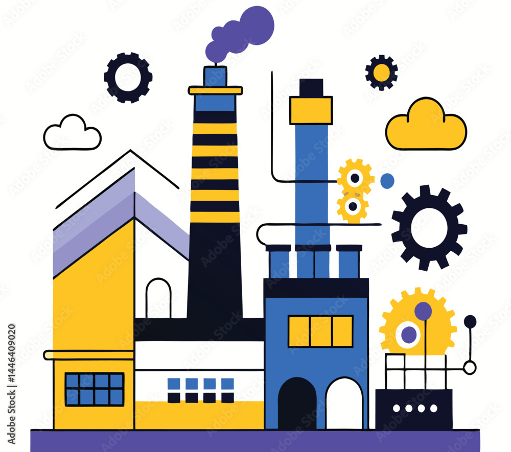 Fototapeta premium Colorful factory buildings rise amidst gears and clouds against a white background