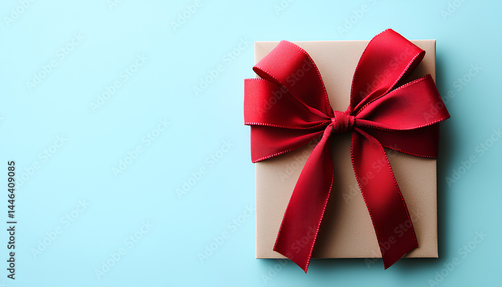 Blank gift card with red bow on light blue background, top view. Space for text Blank gift card with red bow on light blue background, top view. Space for text