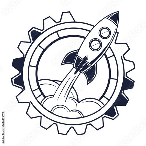 Stylized Rocket Launching from Gear Wheel with Smoke Trail in Line Art Style