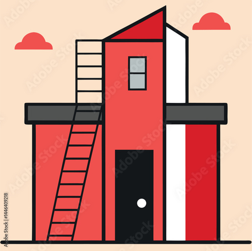 Red abstract building showcases a fire escape ladder alongside minimal cloud details above it