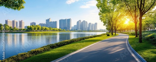 Scenic paved path beside a lake with city skyline and lush greenery under sunny skies
