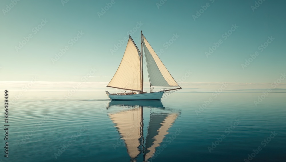 Obraz premium Classic sailboat glides serenely on calm ocean waters, reflecting its beauty