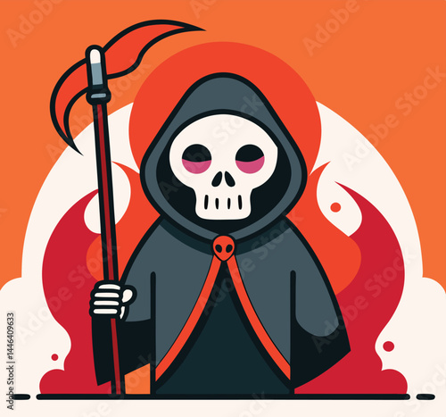Cartoon grim reaper with pink eye sockets holds a scythe, set against a fiery backdrop
