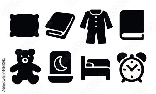 Bedtime essentials solid icons set – filled style sleep, relaxation, and nighttime symbols for serenity: pillow, book, pajamas, teddy bear, alarm clock, bed, moon, blanket