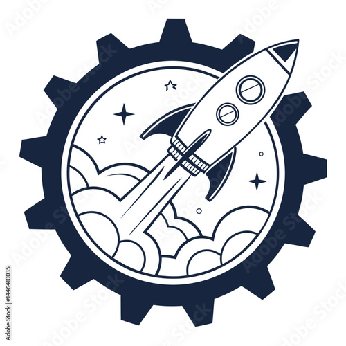 Isolated Cogwheel Icon With Rocket Launching and Smoke Trail in Silhouette Style