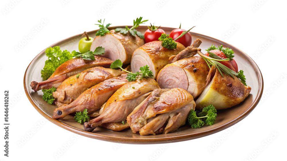 Roasted game birds on platter, beautifully arranged with tomatoes and parsley Roasted game birds on platter, beautifully arranged with tomatoes and parsley