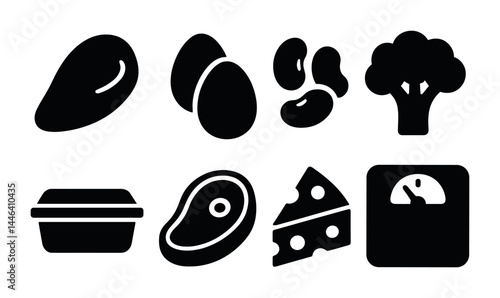 Healthy diet solid icons set – silhouette style nutrition, food, and diet symbols for balanced eating: chicken, eggs, beans, broccoli, container, steak, cheese, scale.