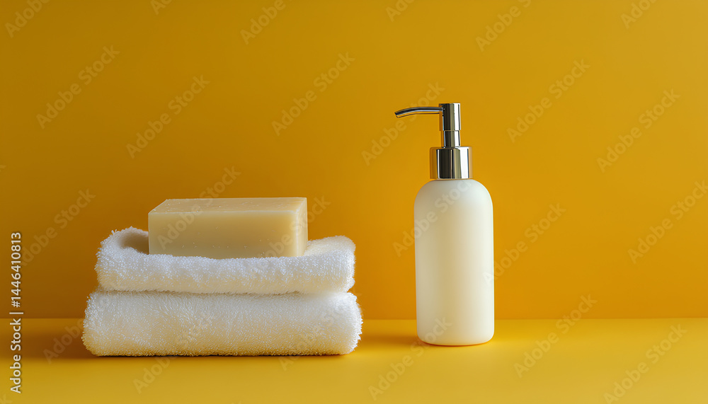 Soap bar, bottle dispenser and towel on yellow background Soap bar, bottle dispenser and towel on yellow background