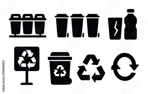Ecological recycling silhouette icon set – solid style waste management, sustainability, and environment symbols: garbage bin, recycle sign, bottle, compost, waste separation