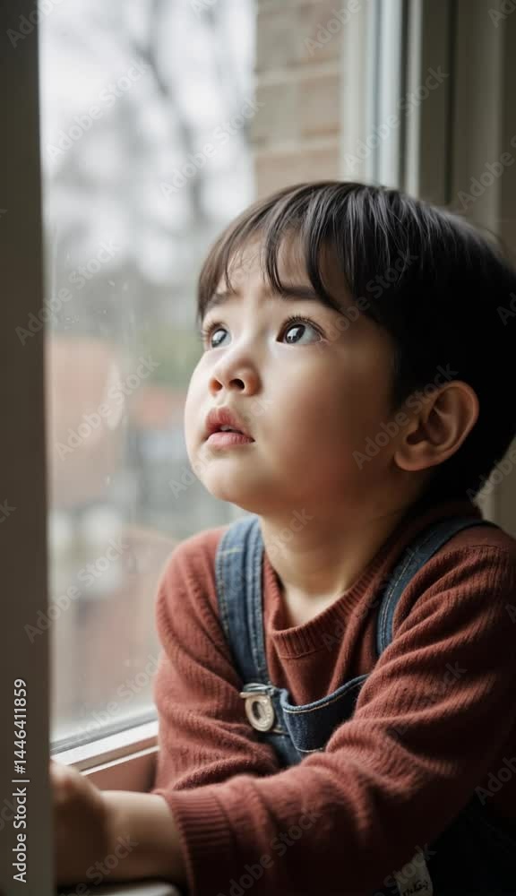 Thoughtful boy looking out the window on a cloudy day Thoughtful boy looking out the window on a cloudy day
