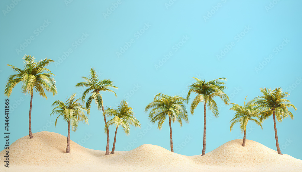 Trendy Summer composition made of Coconut trees with beach sand on blue background. Minimal summer concept. Trendy Summer composition made of Coconut trees with beach sand on blue background. Minimal summer concept.