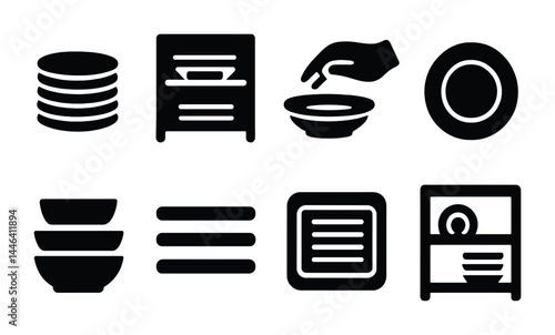 Kitchen and dining solid icons set – filled style culinary, cookware, and tableware symbols for home decor: plates, shelves, bowls, hand, dish rack, soup, spoons.
