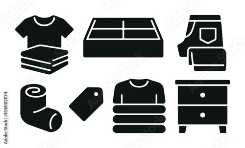Clothing and wardrobe solid icons set – silhouette style fashion, retail, and storage symbols for apparel design: t-shirt, folded clothes, jeans, sock, dresser, clothing tag.