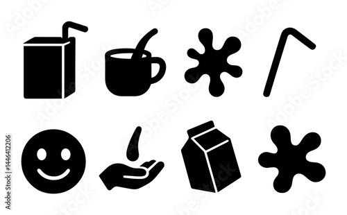 Beverage and drink solid icons set - filled style refreshment, juice, and liquid symbols for food and drink options: juice box, coffee cup, splash, straw, smile, drop, milk carton, spill.