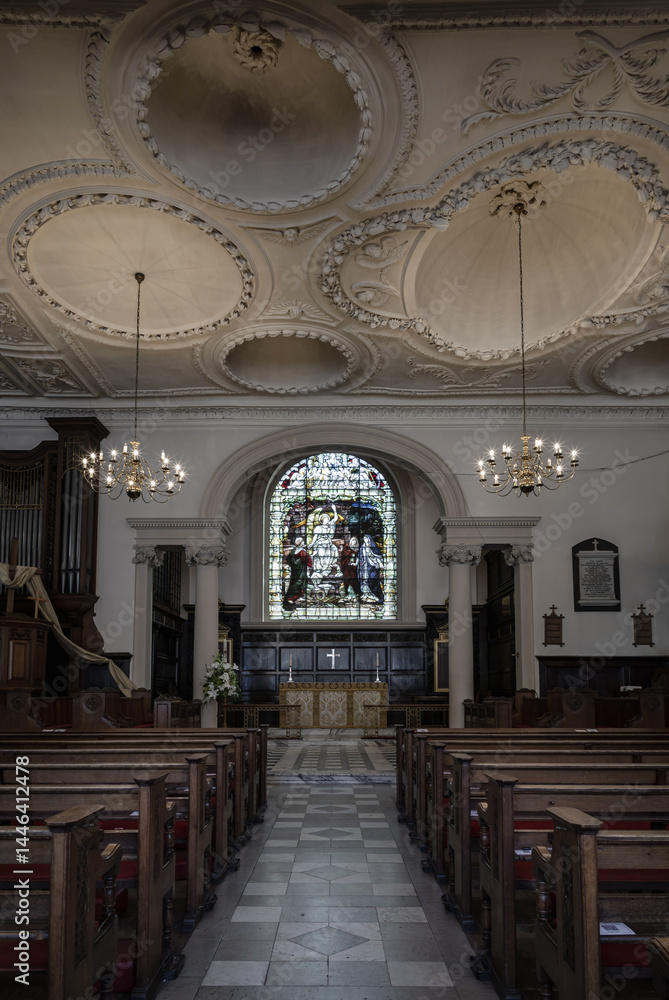 Architecture design of The Church of King Charles the Martyr with The ceilings inside are made of plaster with five domes and chandeliers is a Church of England parish church in Royal Tunbridge Wells,