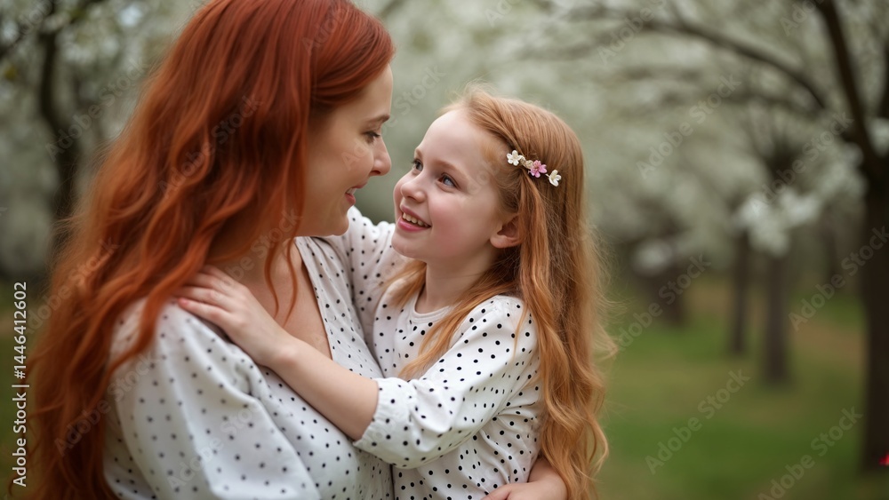 A mother and daughter hugging each other in a field of trees. A mother and daughter hugging each other in a field of trees.