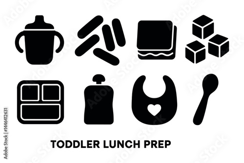 Toddler lunch prep icons set – solid style feeding, nutrition, and baby food symbols: sippy cup, carrot sticks, sandwich, food tray, pouch, bib, spoon, cubes.