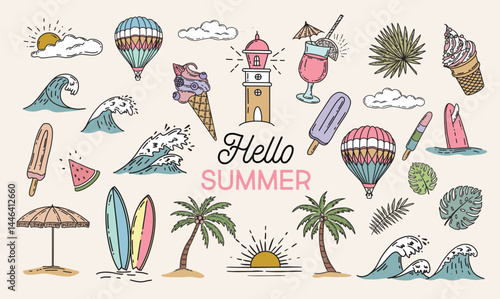 Hello Summer, set with air balloon, surfboard and wave, hand drawn illustration.	