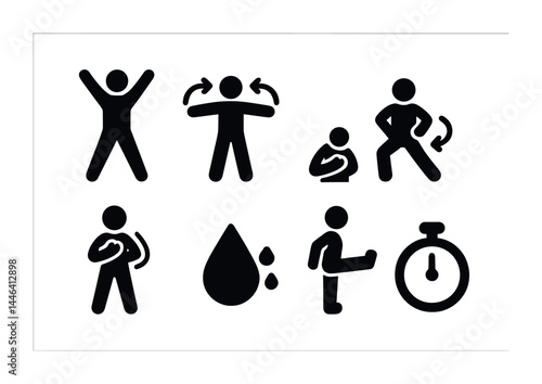 Fitness and exercise solid icons set – filled style workout, health, and wellness symbols for active lifestyle: jumping jack, arm stretch, side bend, water drop, stopwatch, warm-up, lunge.
